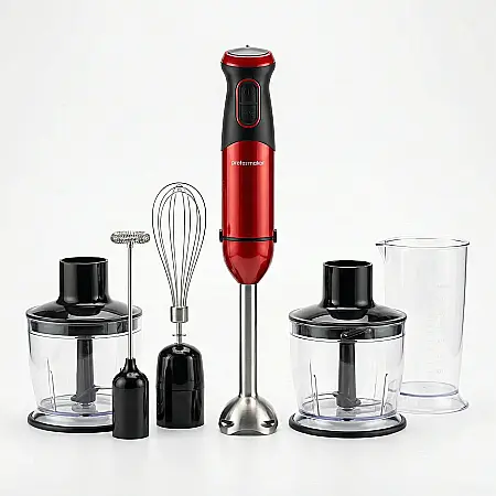 Bucătărie - Set Blender de Mână Profesional 5 în 1 – 500W, Lame Inox, Trepte de Viteză, Cană 500 ml, Tocător 500 ml, Tel, Accesoriu Spumare Lapte, Multifuncțional și Silențios, Roșu Vibrant