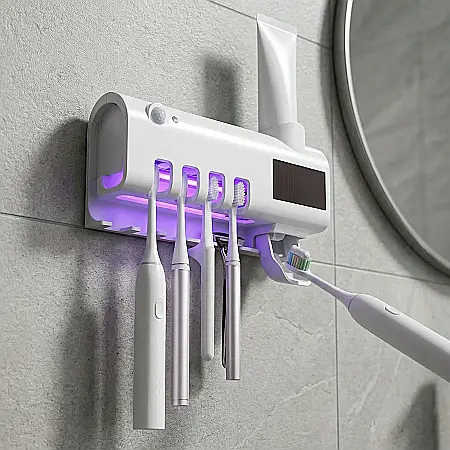 Gadgeturi - Suport cu Sterilizator UV pentru Periuțe de Dinți și Dozator de Pastă – Capacitate 5 Periuțe, Montaj cu Adeziv, Igienizare Antibacteriană, Tehnologie UV, Alb-Albastru