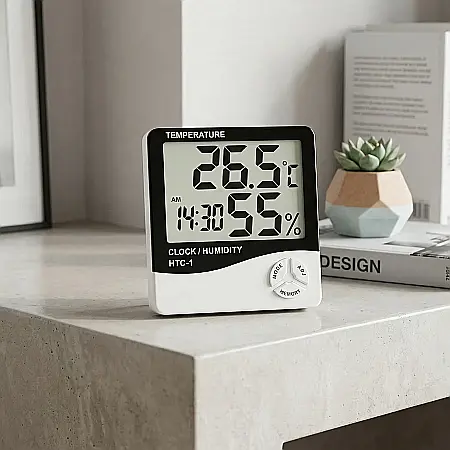 Electronice - Termometru și Higrometru Digital de Cameră – Afișaj Temperatură și Umiditate, Ceas cu Alarmă, Senzori Duali, Montaj pe Perete sau Suport de Birou, Ecran LCD