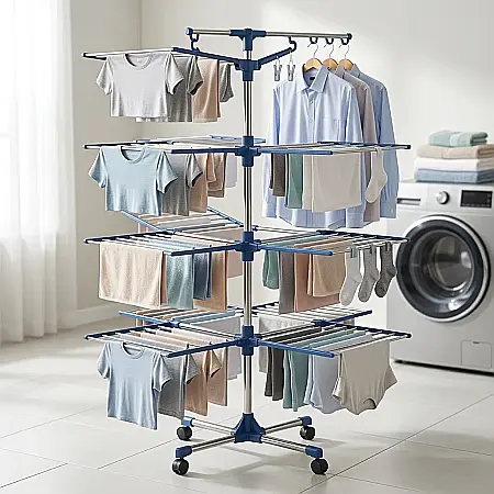 Casă & Grădină - Uscător de Rufe Vertical Pliabil – 3 Nivele Rotative 360°, Înălțime 170 cm, Suport Stabil cu Trepied Antiderapant, 24 Agățători și 4 Brațe Rabatabile, Ideal pentru Uscare Rapidă în Spații Mici