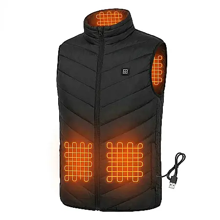Gadgeturi - Vestă Încălzită Electric USB – 9 Zone Termice, 3 Niveluri de Temperatură, Căptușită și Matlasată, Material Nailon Impermeabil, Unisex, Culoare Neagră, Ideală pentru Iarnă și Activități Outdoor