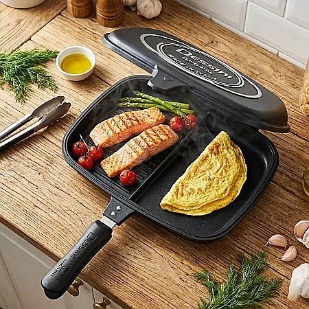 Tigaie Dublă Gourmet Evolution 36 cm – Suprafață Antiaderentă Grill și Clasică, Aluminiu Turnat, Strat Non-Stick Marmorat, Mâner cu Magnet și Garnitură Silicon: Excelență Culinară, Gătire Fără Fum și  [1]