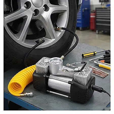 Kit Reparație Pană Auto cu Compresor Puternic 12V – 2 Cilindri, 7 Accesorii, Debit 40 l/min, Furtun 5m și Manometru Integrat: Soluția Completă pentru Siguranță și Mobilitate [1]