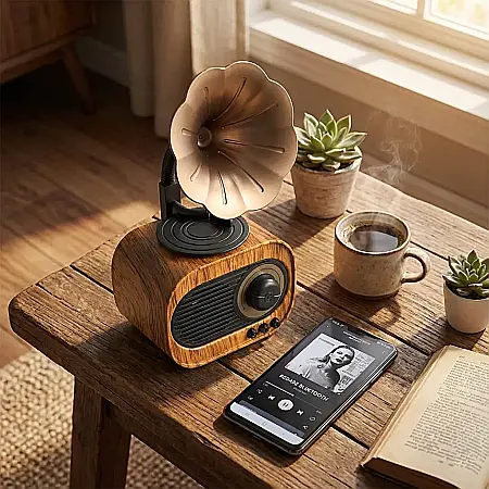 Boxă Portabilă Retro Gramofon – Bluetooth 4.0, USB/TF/AUX, Baterie 1200 mAh, Design Vintage Lemn, Sunet Clar și Bas Profund, Dimensiuni 11×23 cm [1]