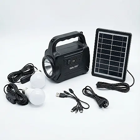 Iluminat - Kit Solar cu Lampă U și 3 Becuri LED GDLite 1 – Acumulator 6V 4Ah, Panou Solar 3.5W și Port USB: Independență Energetică pentru Camping, Cabane și Urgențe