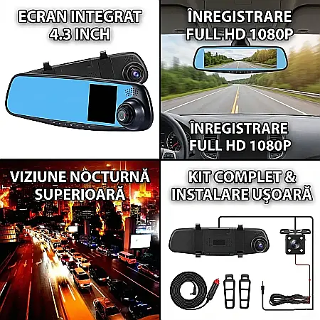Oglindă Retrovizoare cu Cameră Auto Full HD – Unghi 120°, Senzor Mișcare, LED Noapte, Montaj Peste Oglinda Originală, Alimentare 12V, Compatibilă microSD până la 32GB [3]