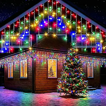 Set 3 Instalații Franjuri Multicolor pentru Crăciun – 3 x 13 m, Total 39 m, 300 LED-uri Tip Turturi, Perdea Luminoasă Interconectabilă, Interior și Exterior [1]