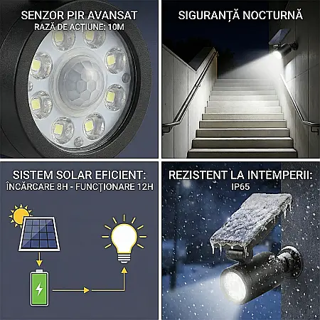 Cameră de Supraveghere Falsă Solară – Design Realist, Senzor de Mișcare PIR, LED Roșu Intermitent, IP44, Alimentare Solară, 11,7 × 9,1 × 17 cm [1]