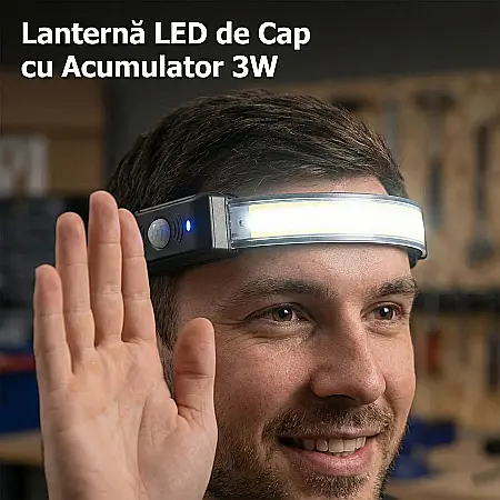 Lanternă LED de Cap cu Acumulator 3W – 300 Lumeni, Încărcare USB, Baterie 800mAh, Fascicul 270°, Rază 50 m, IP65 [1]