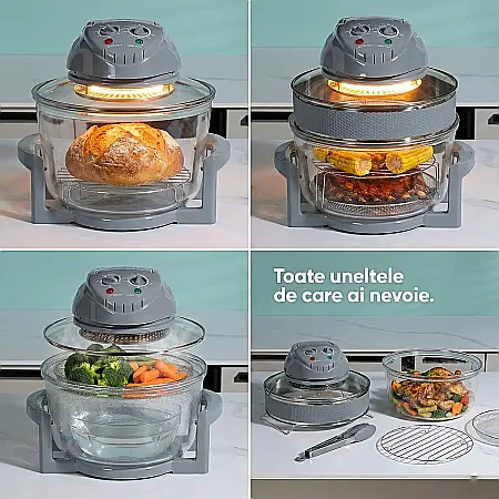 Cuptor cu Halogen 17 L Negru – 1400 W, Control Temperatură Reglabilă 65-250°C, Temporizator 60 Min, Capacitate Extinsă, Coacere Rapidă și Uniformă fără Ulei [1]