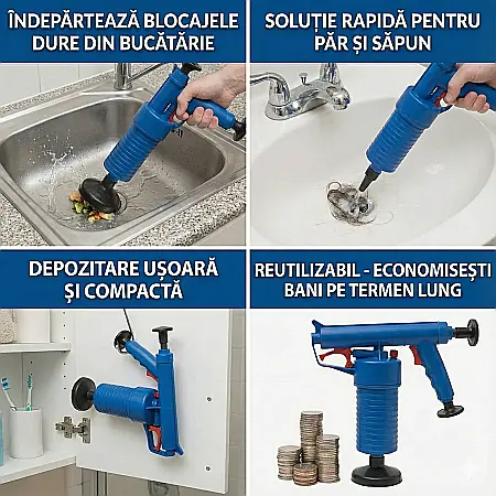 Pistol cu Aer Comprimat pentru Desfundarea Țevilor și Chiuvetelor – Presiune 0,8 Mpa, cu 4 Adaptoare Universale [1]