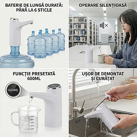 Dozator Electric Reîncărcabil de Apă, Compatibil Bidoane 18,9L, Pompare 600 ml/Apăsare, Putere 5W, Alb, Baterie Incorporată, Încărcare USB [2]