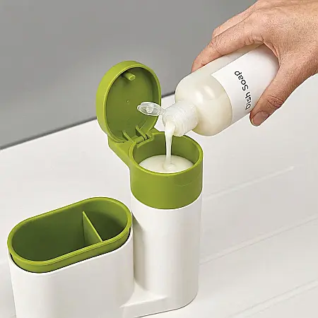 Set 2 în 1 Dispenser și Suport Burete pentru Vase – Organizator Chiuvetă, Depozitare Săpun Lichid, Design Ergonomic Alb & Verde, 18 x 16,5 cm [1]