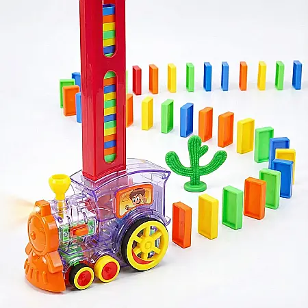 Jucării - Set Trenuleț Electric cu 60 Piese Domino: Joc Interactiv, Educativ și Creativ cu Lumini și Sunete
