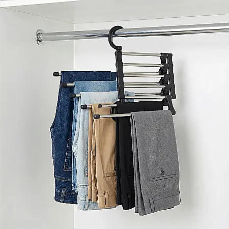 Casă & Grădină - Umeraș Organizator pentru Pantaloni Palmonix: 5 Brațe Extensibile, Oțel Rezistent și Design Compact pentru Maximizarea Spațiului