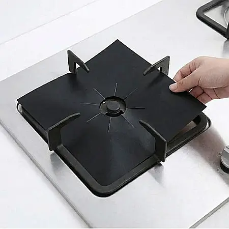 Set 4 Folii Protecție Aragaz din Teflon – 27x27 cm, Lavabile și Reutilizabile, Rezistente la Temperaturi Înalte, Design Universal Ajustabil, Negru [1]