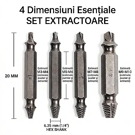 Set 4 Extractoare Șuruburi Deteriorate sau Rupte – Oțel de Înaltă Rezistență, 4 Mărimi Universale, Soluție Rapidă pentru Șuruburi Blocate, Include Cutie Depozitare [1]