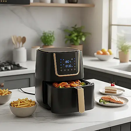 Friteuză cu Aer Cald fără Ulei – 2400W, Capacitate 6L, Funcții de Prăjire, Coacere și Gătire Rapidă, Panou Analogic, Coș Detasabil Antiaderent [2]