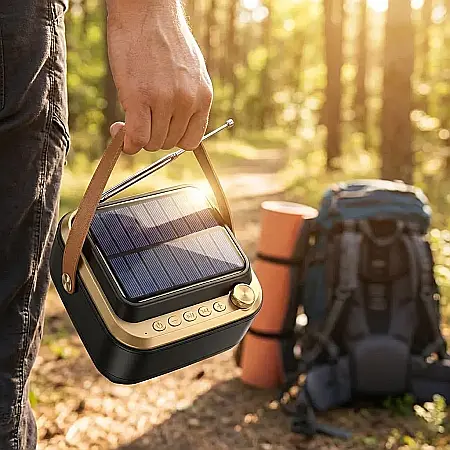 Boxă Solară Portabilă Wireless cu Lanternă – Bluetooth, Radio FM, USB, AUX și MicroSD, Baterie 2000 mAh, PMPO 15W și Autonomie 6 Ore: Muzică și Lumină Nelimitată pentru Camping, Grădină și Urgențe [3]