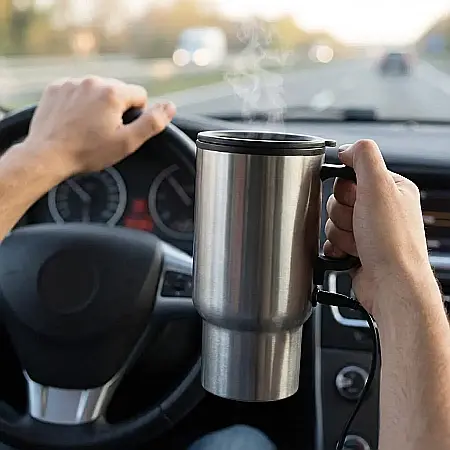 Cană Auto Termoizolantă 450 ml din Inox – Conectare la Bricheta Mașinii 12V, Pereți Dubli, Capac cu Orificiu pentru Băut și Mâner Ergonomic: Cafea și Ceai Mereu Calde în Orice Călătorie [3]