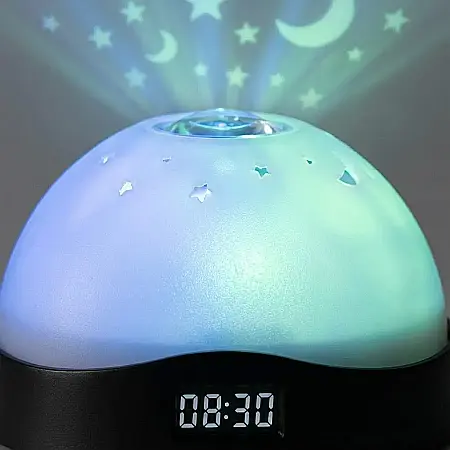 Ceas Digital cu Proiecție Ora și Stele pe Tavan – Lampă de Veghe cu LED în 3 Culori, Joc de Lumini Curcubeu, Design Rotund și Portabil: Atmosferă Magică și Somn Liniștit pentru Camera Copilului [3]