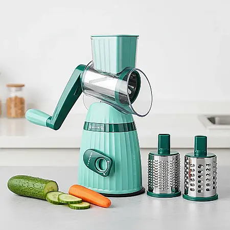 Bucătărie - Răzătoare multifuncțională cu 3 lame rotative inox și 2 accesorii pentru ras și feliat legume, design compact și ușor de curățat