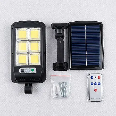 Iluminat - Lampă LED Solară Stradală 36W cu 120 LED-uri COB – Senzor de Mișcare și Lumină Crepusculară, Telecomandă, Flux Luminos 4400 lm și Acumulator 2200 mAh: Iluminat Eficient, Economic și Durabil pentru Ext