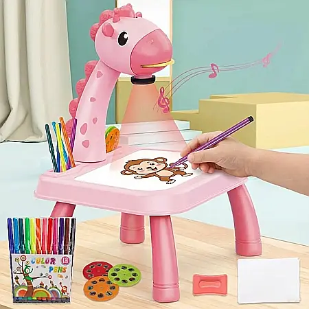 Proiector de Desen pentru Copii cu Măsuță Lavabilă – 3 Discuri cu Imagini (Animale, Vehicule, Fructe), Carioci Incluse, Suprafață Reutilizabilă și Design Ergonomic: Dezvoltă Creativitatea, Imaginația  [1]