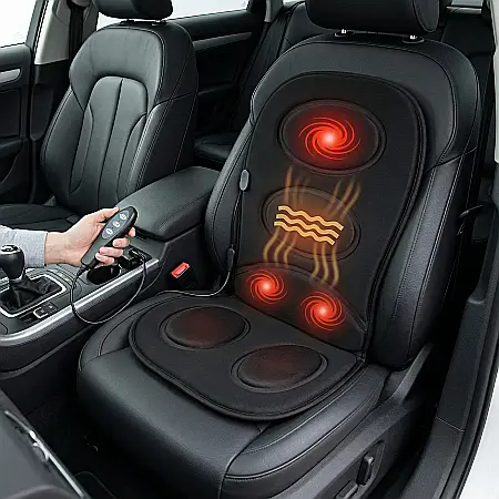 Auto - Mini Husă Auto cu Masaj KlaussTech – 3 Zone de Masaj (Spate, Lombar, Coapse), Funcție de Încălzire, Telecomandă Inclusă, Design Compact și Pliabil, Ideală pentru Mașină și Birou, Negru