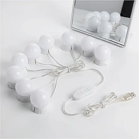 Lumini LED pentru Oglindă – 10 Becuri Hollywood cu Luminozitate Reglabilă, Alimentare USB, 3 Moduri de Culoare, Ideal Machiaj Profesional, Fixare cu Ventuze sau Velcro [1]