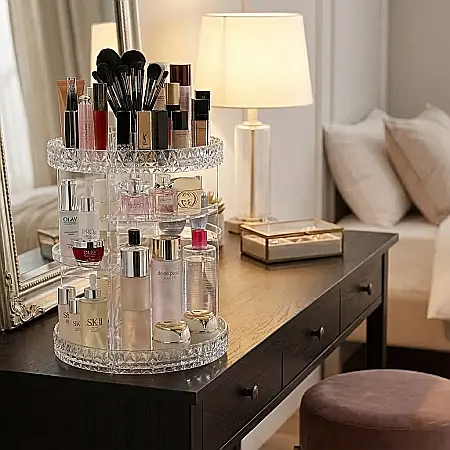 Cutie Machiaj Rotativă 360° Transparentă – Organizator de Elită pentru Cosmetice și Bijuterii, Sistem Modular Multi-Nivel și Design Crystal-Clear: Eleganță și Organizare Desăvârșită pentru Masa ta de  [1]