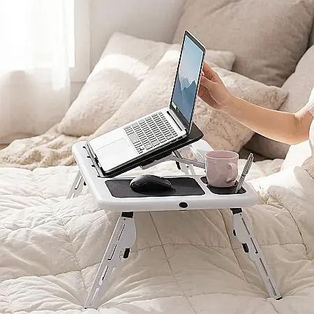Masă Laptop Multifuncțională E-Table – Picioare Reglabile, 2 Ventilatoare Silențioase, Suport Pahar și Mousepad Integrat, Compatibilă Laptopuri 15.4 inch, Sarcină Maximă 20 kg [1]