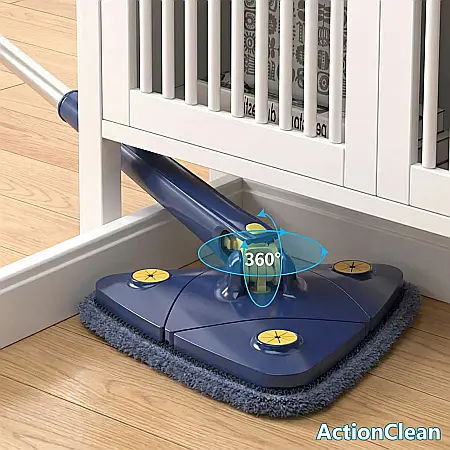 Mop Triunghiular ActionClean cu Rotire 360° și Lavetă Rezervă – Accesoriu Multifuncțional pentru Podele, Parchet, Gresie, Geamuri și Oglinzi, Albastru, Lungime 130 cm [1]