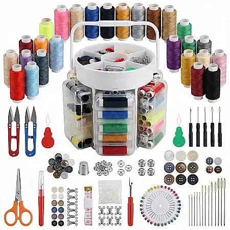 Trusă de Cusut cu 210 Piese – Set Complet Croitorie, Ace, Papiote, Foarfecă, Capse, Copci, Centimetru, Portabil și Organizator Compartimentat [1]