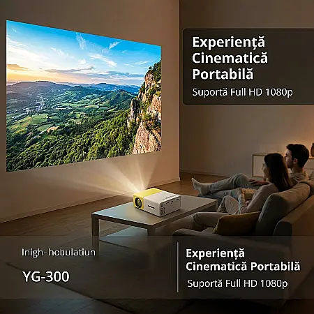 Proiector Filme Portabil LED YG-300 – Rezoluție Full HD 1080p, Luminozitate 400-600 Lumeni, Compatibil HDMI, USB, TF Card, Audio 3.5mm, Galben [1]