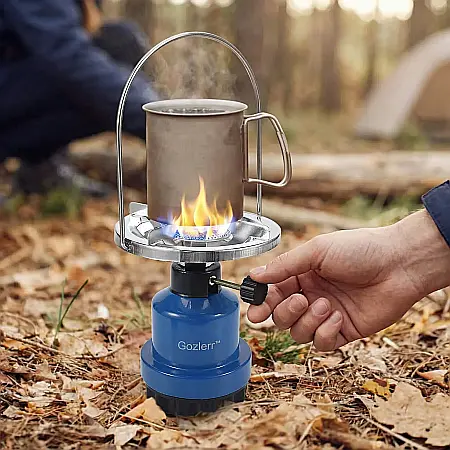 Gozlerr™ Aparat Portabil de Gătit – Mini Aragaz de Camping cu Protecție Antivânt, Grătar Ergonomic și Reglaj Flacără, Ușor și Compact, Albastru [1]