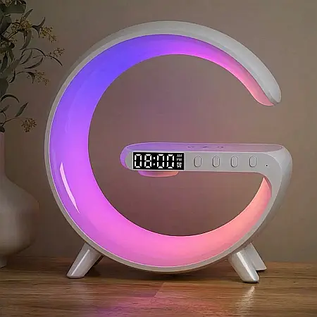 Lampă Smart LED RGB 5-în-1 G63 – Încărcare Wireless 15W, Difuzor Bluetooth 360°, Ceas cu Alarmă și Simulare Răsărit, Lumină Ambientală Reglabilă, Design Modern [1]