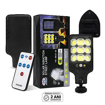 Lampă Stradală Solară Modernă HS-8037B – Iluminare Puternică COB, 9 LED-uri, Senzor Mișcare și Fotosensibil, Baterie 1200 mAh, Telecomandă, Rezistentă la Intemperii [1]