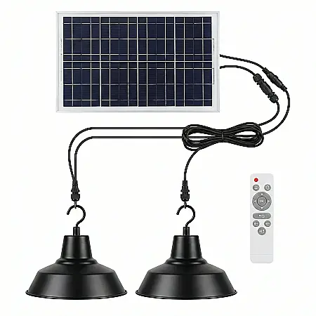 Set 2 Lămpi Solare Suspendate cu Abajur Metalic și Telecomandă – Putere 50W, 30 LED-uri SMD, Panou Solar 5.5V, Rezistente la Apă IP44/IP65, Autonomie 6-8 ore [1]