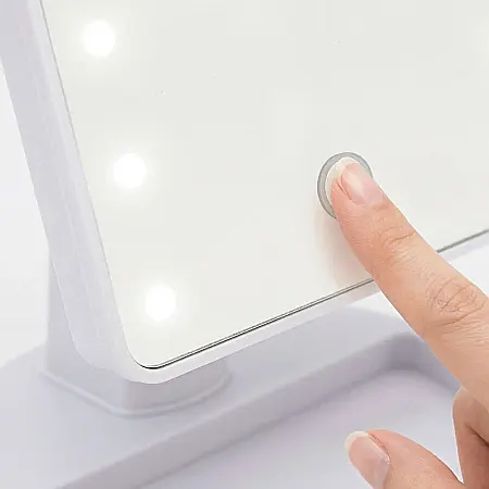 Oglindă pentru Machiaj NAGO cu 16 LED-uri, Buton Tactil, Efect de Mărire, Rotire 180°, Bază cu Suport pentru Bijuterii, Dimensiuni 17x12x27 cm, Culoare Albă [1]