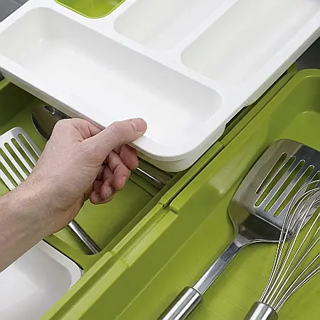 Organizator Reglabil pentru Sertar Tacâmuri – Tavă Extensibilă din Plastic, 5–7 Compartimente, Dimensiune Ajustabilă 29–48 cm, Ideală pentru Bucătărie, Culoare Alb-Verde [1]