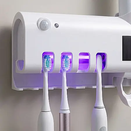 Suport cu Sterilizator UV pentru Periuțe de Dinți și Dozator de Pastă – Capacitate 5 Periuțe, Montaj cu Adeziv, Igienizare Antibacteriană, Tehnologie UV, Alb-Albastru [1]