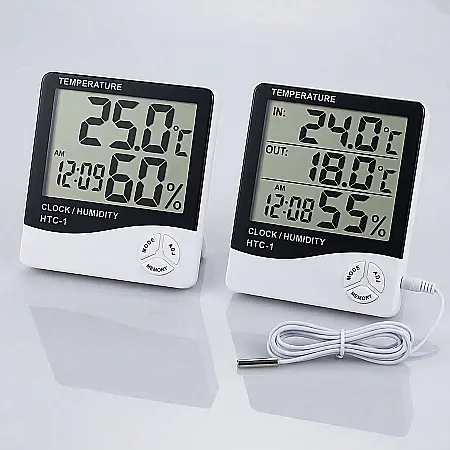 Termometru și Higrometru Digital de Cameră – Afișaj Temperatură și Umiditate, Ceas cu Alarmă, Senzori Duali, Montaj pe Perete sau Suport de Birou, Ecran LCD [1]
