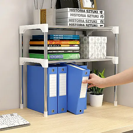 Raft Multifuncțional pentru Birou, Baie și Bucătărie – 2 Niveluri, Oțel Inoxidabil și Accesorii Plastic, Stabil și Rezistent, Modular și Extensibil, 50 x 56 cm [1]