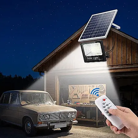 Proiector Solar cu Telecomandă – LED Puternic, Autonomie Mare, Carcasă ABS Anti-oxidare, Rezistent la Apă și Panou Policristalin [1]