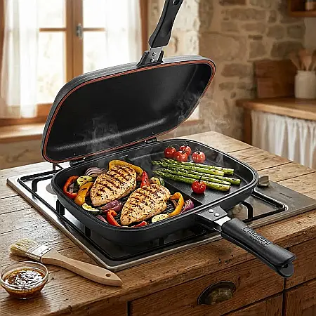 Tigaie Dublă Gourmet Evolution 36 cm – Suprafață Antiaderentă Grill și Clasică, Aluminiu Turnat, Strat Non-Stick Marmorat, Mâner cu Magnet și Garnitură Silicon: Excelență Culinară, Gătire Fără Fum și  [3]