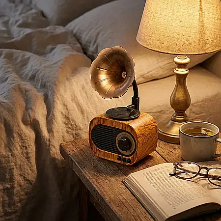 Boxă Portabilă Retro Gramofon – Bluetooth 4.0, USB/TF/AUX, Baterie 1200 mAh, Design Vintage Lemn, Sunet Clar și Bas Profund, Dimensiuni 11×23 cm [3]