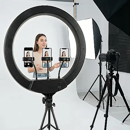 Lumină Circulară LED Profesională cu Trepied Reglabil (72–190 cm) – Diametru 45 cm, 416 LED-uri, 65W, 3 Suporturi Telefon și Telecomandă: Studio Foto-Video Complet la Tine Acasă [1]