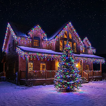 Set 3 Instalații Franjuri Multicolor pentru Crăciun – 3 x 13 m, Total 39 m, 300 LED-uri Tip Turturi, Perdea Luminoasă Interconectabilă, Interior și Exterior [2]