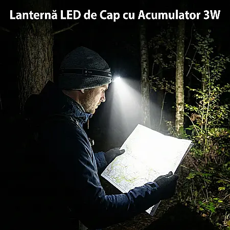 Lanternă LED de Cap cu Acumulator 3W – 300 Lumeni, Încărcare USB, Baterie 800mAh, Fascicul 270°, Rază 50 m, IP65 [3]
